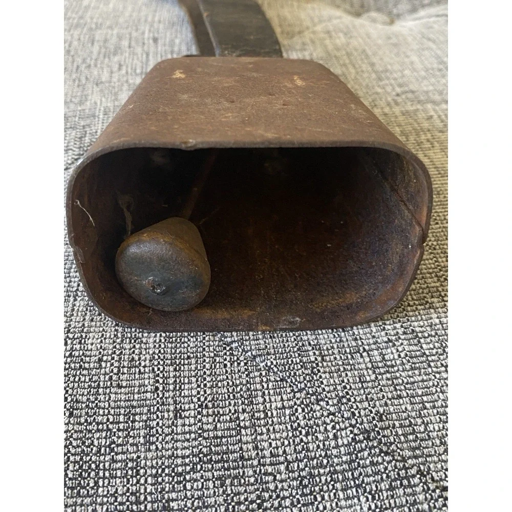 VTG Antique Rustic Metal Cowbell with Heavy Leather Strap & Iron Buckle Country
